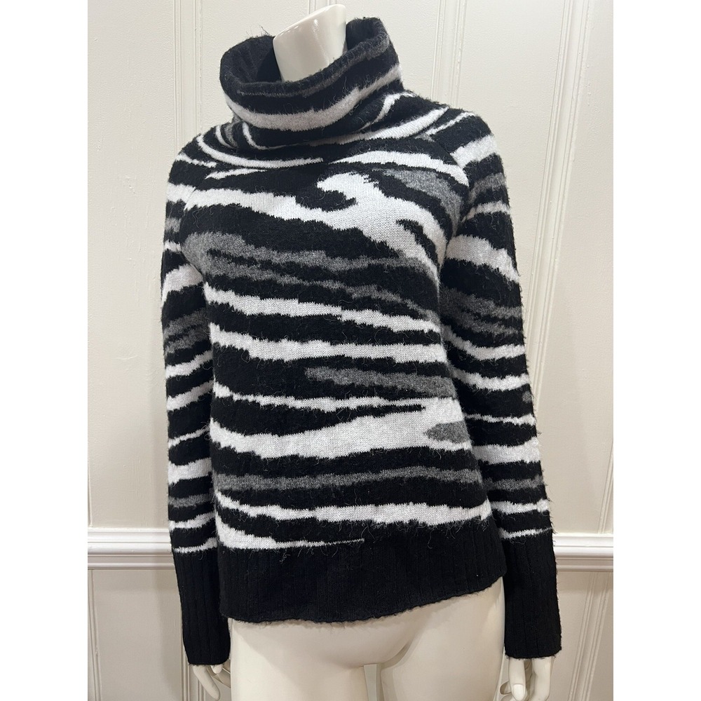 RD Style Women Zebra Sweater Cowl Turtle Neck ECO Recycled Yarn Medium